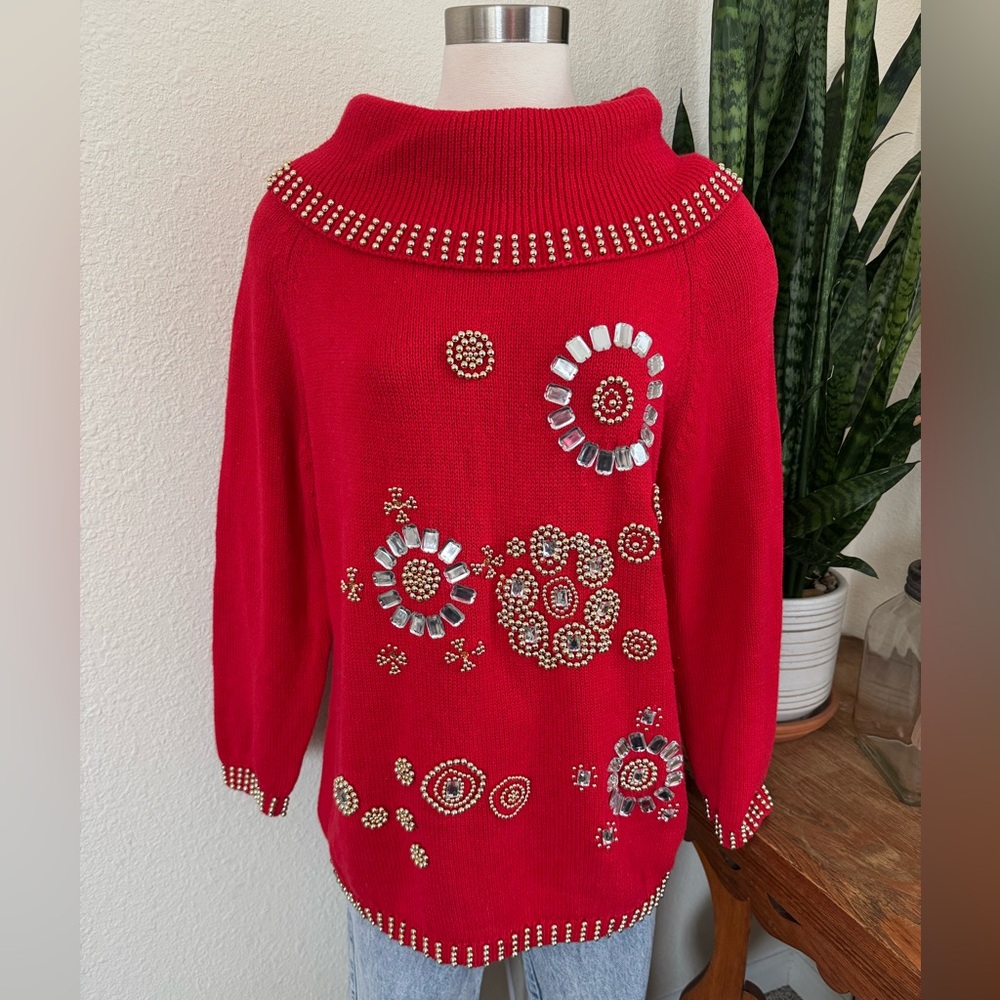 Vintage Red Beaded Sweater Ramie Cotton Holiday Glam Statement‎ Knit medium